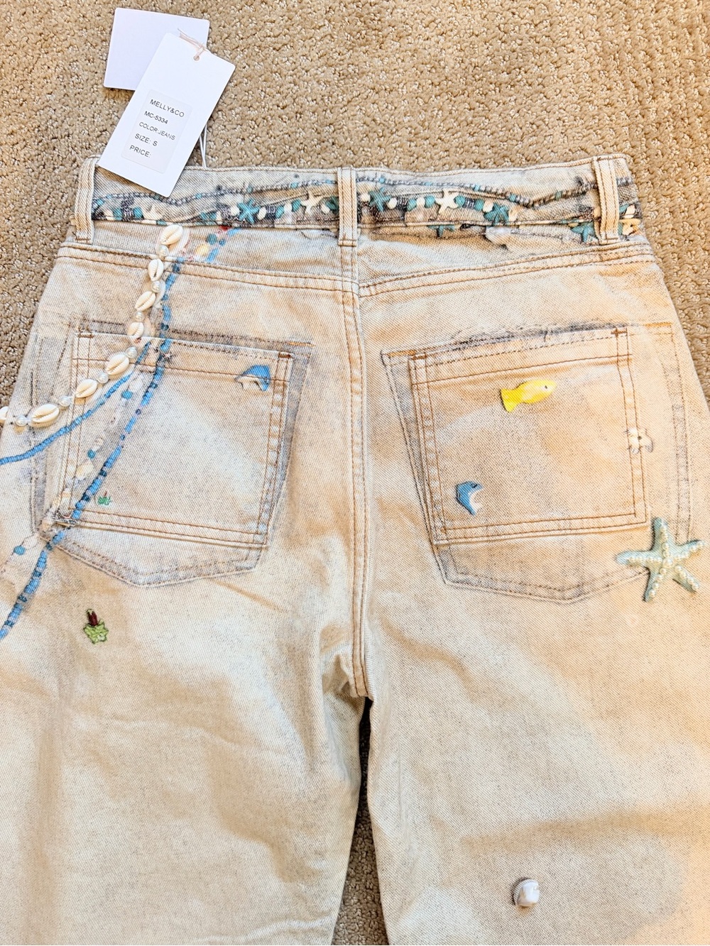 Boutique Light Wash Embellished and hand painted Wide-Leg Jeans NWT - Picture 6 of 15